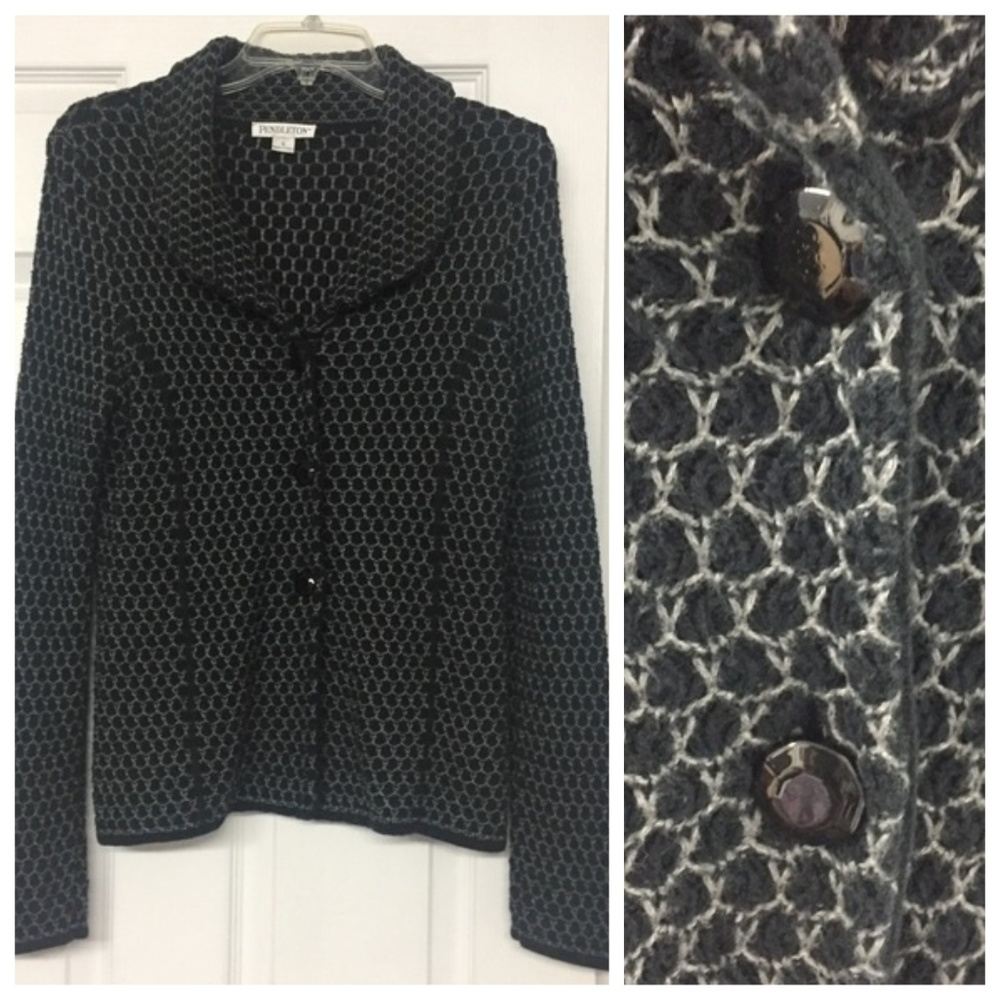 Pendleton Navy Gray Long Line Cardigan Sweater Jacket Shawl Collar Sz S